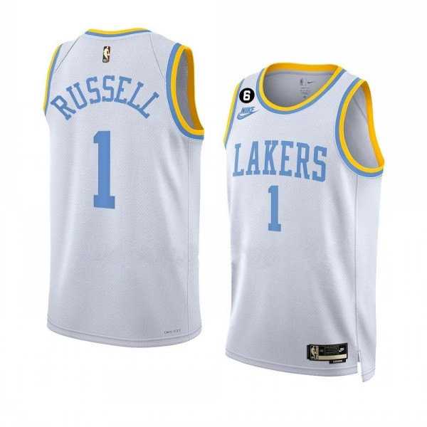 Men%27s Los Angeles Lakers #1 D%27Angelo Russell 2022-23 White Classic Edition With No.6 Patch Stitched Basketball Jersey Dzhi